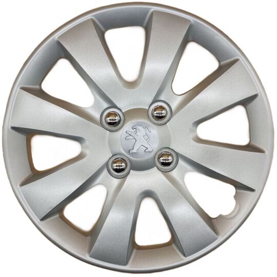 AK Автомобільні модельні колпаки  R15, A129, сріблясті з сірим логотипом Peugeot (Комплект 4 шт.)