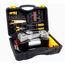 Атомобільний компресор 12V, 90 л/хв, двопоршневий, з манометром, набором для ремонту шин та інструментами