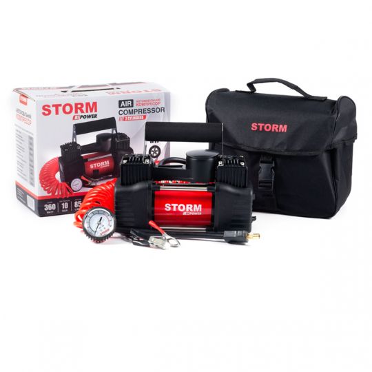 Storm Компресор автомобільний, двоциліндровий 12V, 360W, 85 л/хв із зажимами АКБ Storm Компресор автомобільний, двоциліндровий 12V, 360W, 85 л/хв із зажимами АКБ