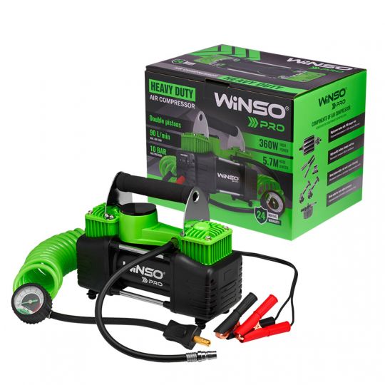 Winso Компресор автомобільний двоциліндровий Pro Heavy Duty 12В, 10 Атм, 90 л/хв із зажимами АКБ Winso Компресор автомобільний двоциліндровий Pro Heavy Duty 12В, 10 Атм, 90 л/хв із зажимами АКБ