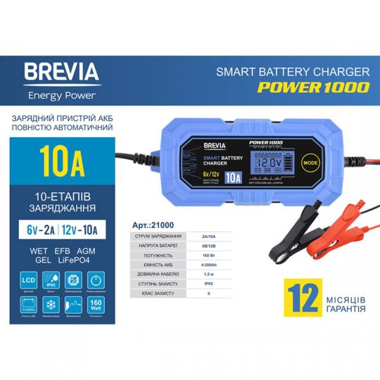 Brevia Зарядний пристрій АКБ Power 1000 6V/12V 10A для будь-яких типів акумуляторів Brevia Зарядний пристрій АКБ Power 1000 6V/12V 10A для будь-яких типів акумуляторів