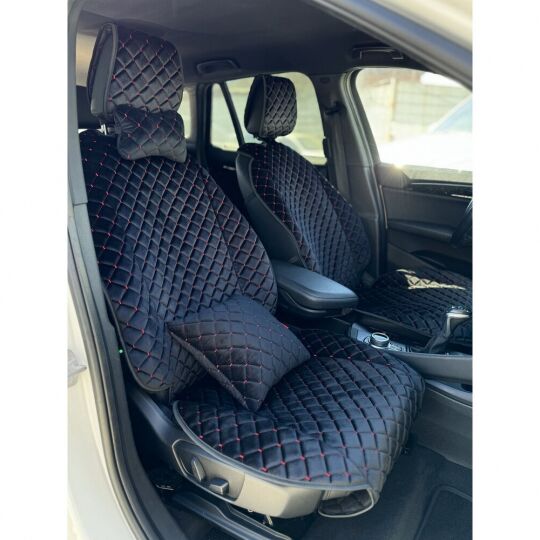 City Car Накидки з алькантари на передній ряд сидінь (чорний ромб/червона нитка) 2шт.