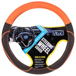 Vitol Оплетка на руль (каркасная) VJX 163127 OR , размер M, Кожзам черный с оранжевыми вставками