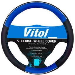 Vitol Оплетка на руль (каркасная) JU 080204BL, размер S, Кожзам Черный с синими вставками
