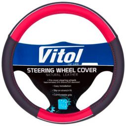 Vitol Оплетка на руль (каркасная) JU 080204RD, размер S, Кожзам Черный с красными вставками