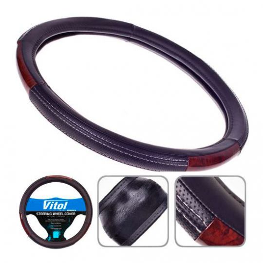 Vitol Оплетка на руль (каркасная) PU 100606, размер L, Черный кожзам с вставкой под красное дерево Vitol Оплетка на руль (каркасная) PU 100606, размер L, Черный кожзам с вставкой под красное дерево