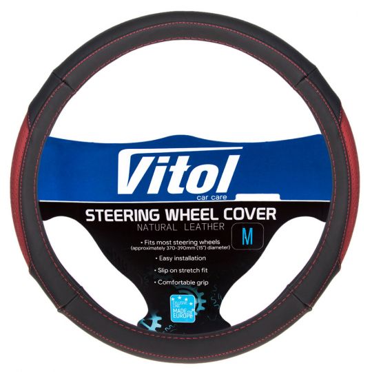 Vitol Оплетка на руль (каркасная) VL 567, размер M, БО, кожа Черная с красным