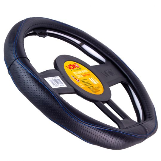 Voin Оплетка на руль (каркасная) VLOD-LF2161 BK R/BL, размер M, БО, Перфорированная кожа Черная/Flat