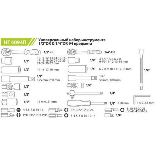 ALLOID 1.4", 1.2" 94 ЕД. УНИВЕРСАЛЬНЫЙ НАБОР ИНСТРУМЕНТОВ (ШЕСТИГРАННЫЙ)