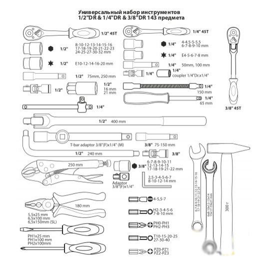 ALLOID 1.4", 3.8", 1.2" 143 ЕД. УНИВЕРСАЛЬНЫЙ НАБОР ИНСТРУМЕНТОВ
