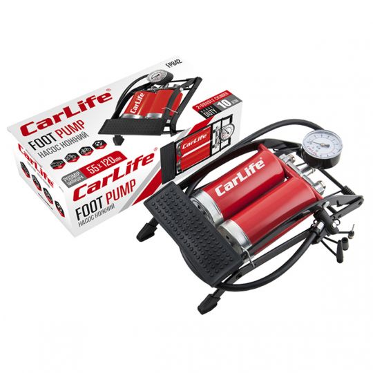 CarLife Ножний насос, двоциліндровий, з манометром, 10 атм, металевий, з адаптерами