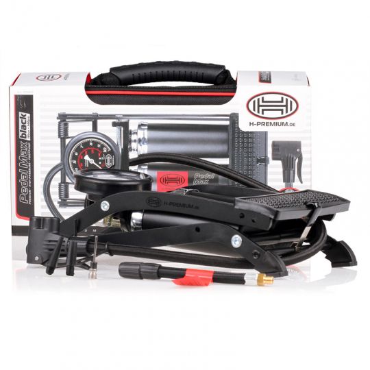 Heyner Автомобільний ножний насос PEDAL MAX PRO Black Edition 225010 | Двоциліндровий насос із манометром, 65 см шланг, 3 адаптери
