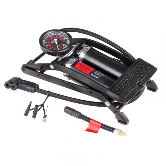 Heyner Автомобільний ножний насос PEDAL MAX PRO Black Edition 225010 | Двоциліндровий насос із манометром, 65 см шланг, 3 адаптери