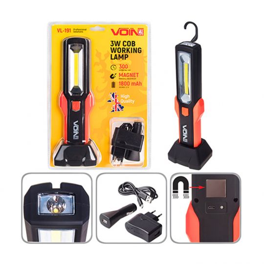 Voin Переносна лампа VL-191 12V/220V/3W-COB+2 LED-НР/АКБ/магніт Voin Переносна лампа VL-191 12V/220V/3W-COB+2 LED-НР/АКБ/магніт