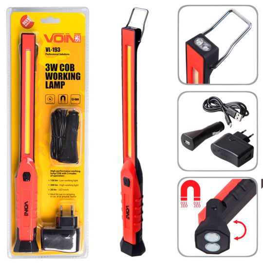 Voin Переносна лампа VL-193 12V/220V/3W-COB+2 LED-НР/АКБ/магніт Voin Переносна лампа VL-193 12V/220V/3W-COB+2 LED-НР/АКБ/магніт