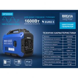 Brevia Генератор інверторний бензиновий 2,0 кВт (ном 1,6 кВт)