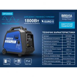 Brevia Генератор інверторний бензиновий 2,0 кВт (ном 1,8 кВт)