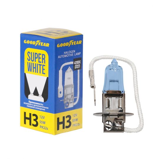 GOODYEAR Лампа автомобильная галогенная H3 12V 55W PK22s Super White GOODYEAR Лампа автомобильная галогенная H3 12V 55W PK22s Super White