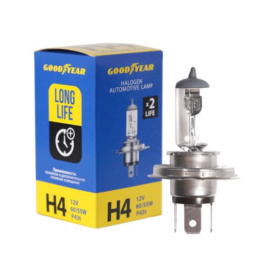 GOODYEAR Лампа автомобильная галогенная H4 12V 60/55W P43t Long Life GOODYEAR Лампа автомобильная галогенная H4 12V 60/55W P43t Long Life
