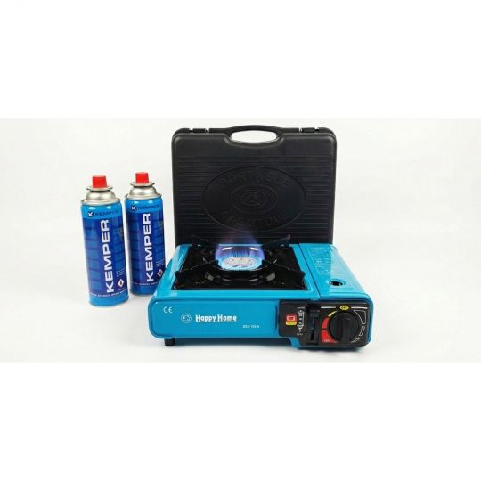 Туристична Кемпінгова газова плита плитка похідна портативна з п'єзопідпалом BDZ-155-A в кейсі + газові балони 2х220 г (синя)